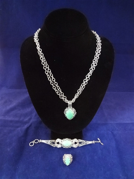Carolyn Pollack Sterling Silver Turquoise Jewelry Suite Necklace, Pendant, Ring, Bracelet