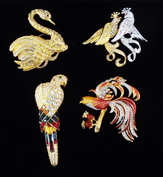 Nolan Miller (4) Oversize Bird Brooches Rhinestone Swarovski Enameled