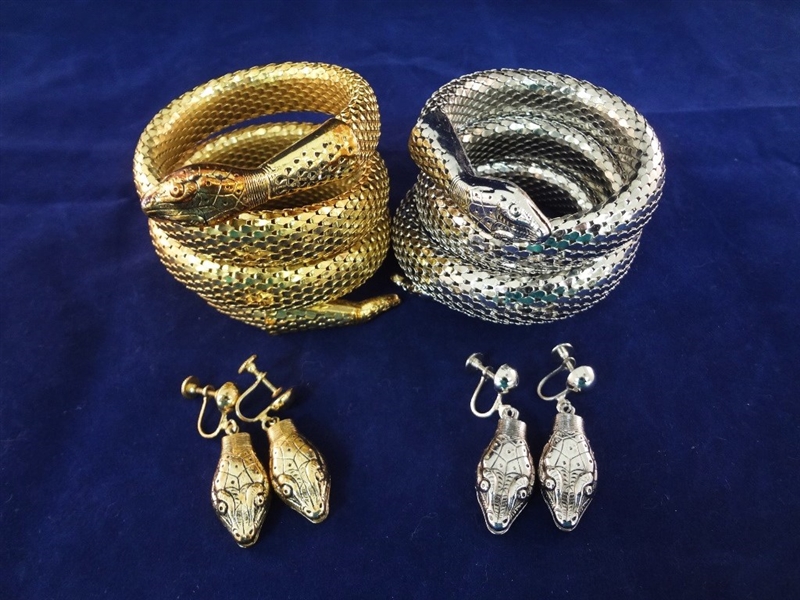 Whiting and Davis Three Coil Silver and Gold Tone Snake Bracelet and Earring Sets