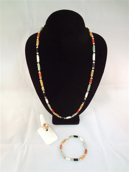 14K Gold Multi Color Jade Jewelry Suite: Ring, Bracelet, Necklace