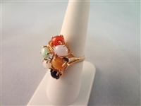 14K Gold Multi Color Jade Jewelry Suite: Ring, Bracelet, Necklace
