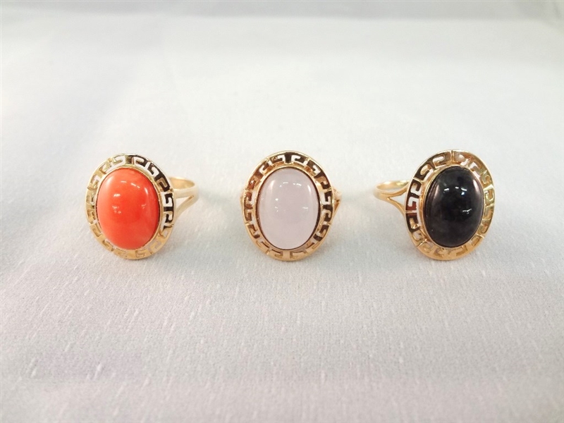 (3) 14K Gold & Multi Color Jade Cabochon Rings