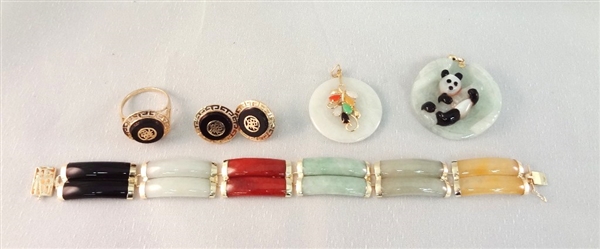 14K Gold and Multi Color Jade Jewelry Suite: Bracelet, (2) Pendants, Earrings, Ring