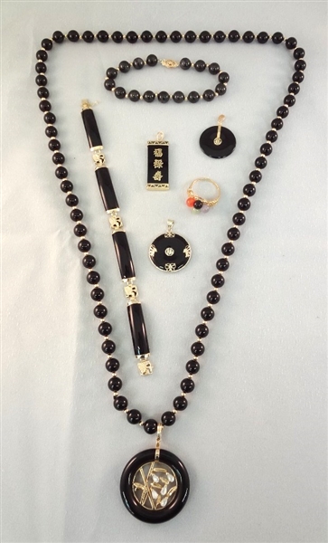 14K Gold Black Jade Jewelry Suite: (1) Necklace, (4) Pendants, (2) Bracelets, (1) Ring