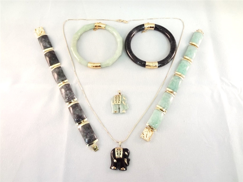 14K Gold Jade Jewelry Suite: Necklace, (2) Pendants, (4) Bracelets