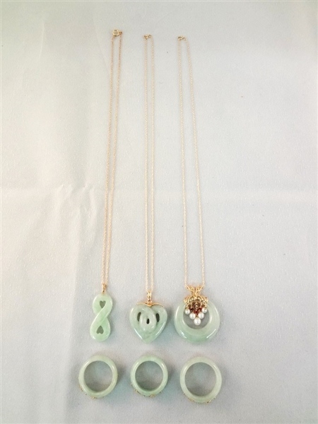 14K Gold Green Apple Jade (3) Necklaces, Pendants and Ring Sets