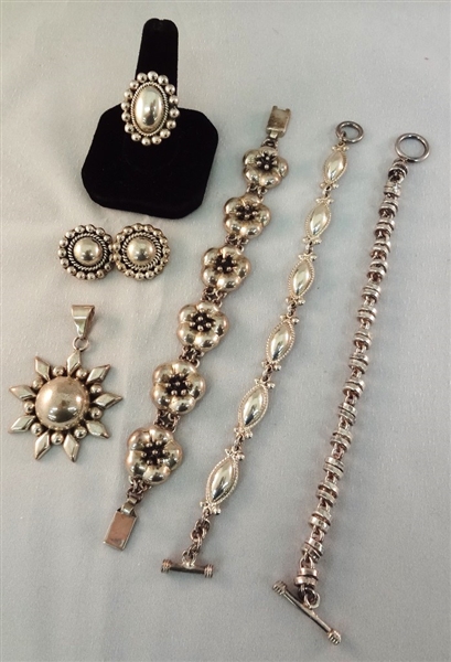 CII Mexican Sterling Silver Jewelry Group: (3) Bracelets, (1) Earrings, (1) Ring, (1) Pendant