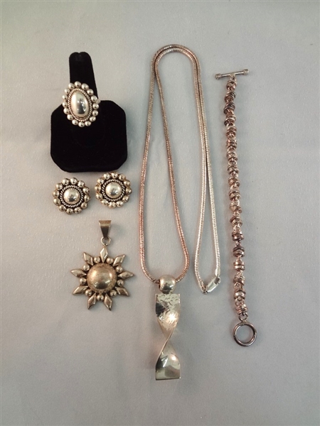 CII Mexican Sterling Silver Group: Necklace, Bracelet, (2) Pendant, Earrings, Ring