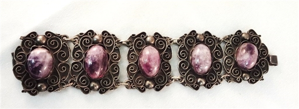 Mexico Sterling Silver Chunky Amethyst Cabochon Bracelet