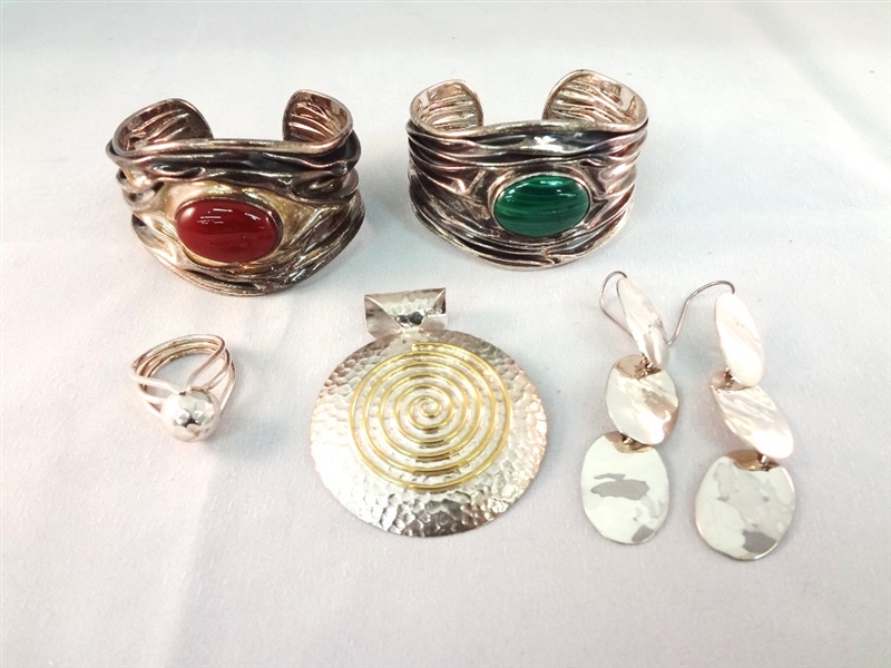 Dominique Dinouart Sterling Silver Jewelry Group: (2) Bracelets, (1) Ring, (1) Pendant, (1) Pair Earrings