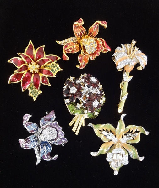 (6) Nolan Miller Enameled Rhinestone Oversize Floral Brooches
