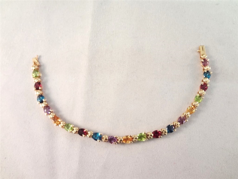 14K Gold Tennis Bracelet Amethyst, Topaz, Garnet, Peridot, Citrine 7.5" Long