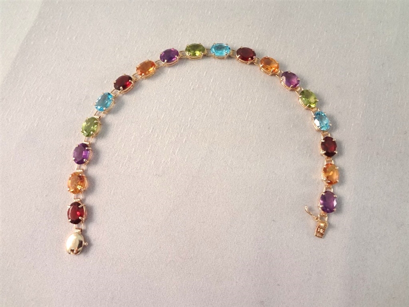 14K Gold Tennis Bracelet (18) Oval Garnet, Citrine, Peridot, Amethyst, Topaz 7" Long
