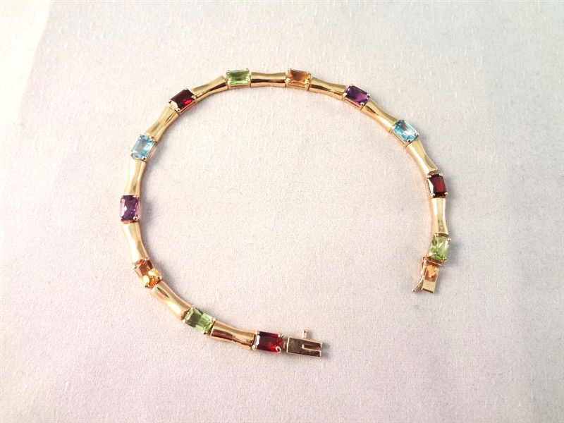 14K Gold Tennis Bracelet (12)Emerald Cut Peridot, Garnet, Topaz, Amethyst, Citrine 7.5" Long