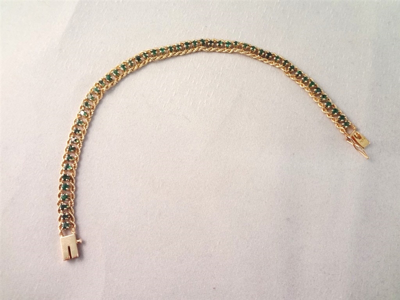 14K Gold Double Rope Tennis Bracelet (50) Round Emerald Color Stones 7.25" Long