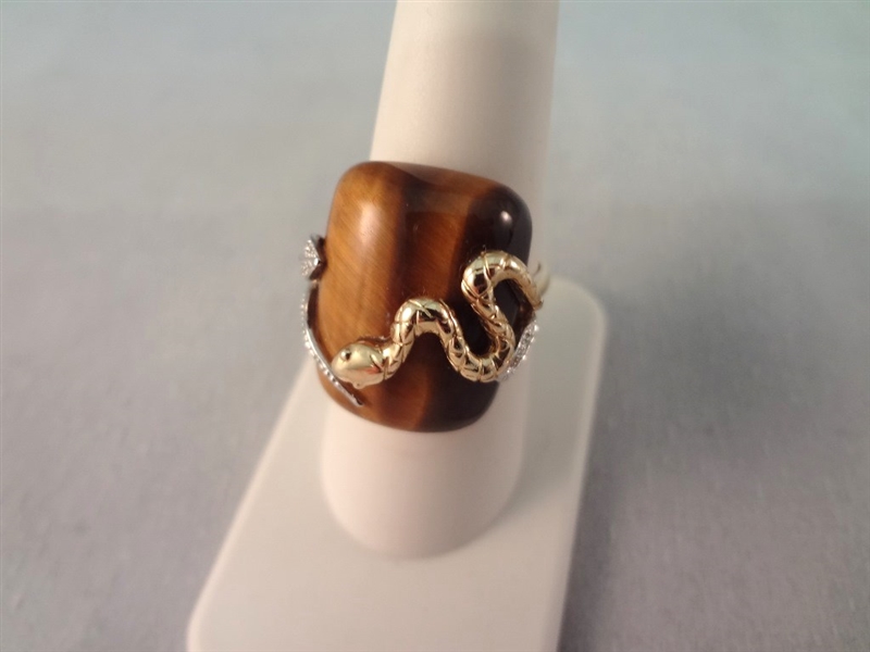 14K Gold Snake Wrapped Ring with Curved Tiger Eye Cabochon Ring Size 8