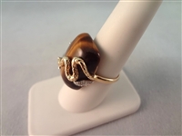 14K Gold Snake Wrapped Ring with Curved Tiger Eye Cabochon Ring Size 8