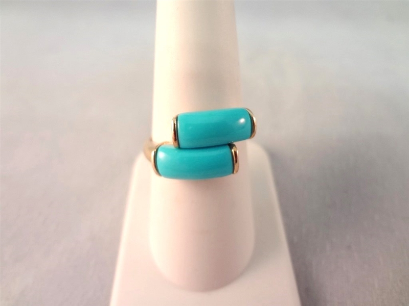 14K Gold Ring Double Turquoise Color Tube Stones Ring Size 8