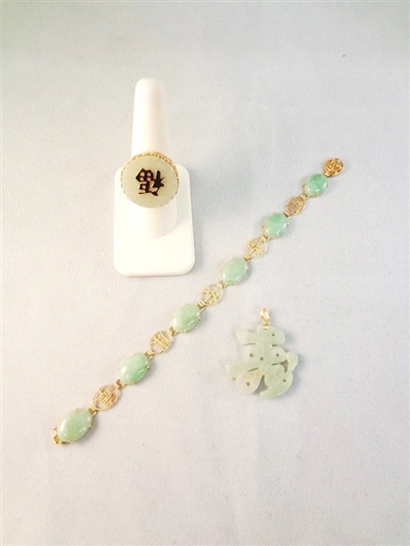14K Gold and Green Apple Jade Bracelet, Ring and Pendant Set