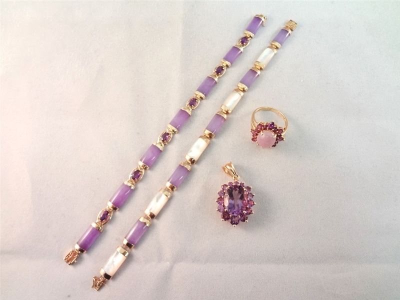 14K Gold and Lavender Amethyst Jade Jewelry Suite: Pendant, (2) Bracelets, Ring