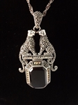Sterling Silver Art Deco Cat Theme Jewelry Suite: Necklace, Bracelet, Pendant, Brooch, (2) Rings
