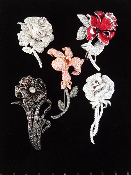 (5) Nolan Miller Rose Enamel and Rhinestone Brooches