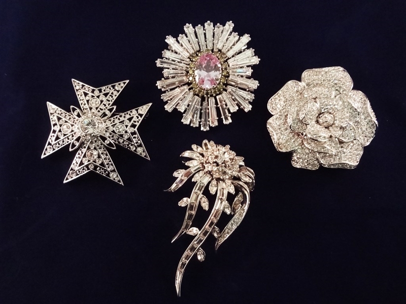 (4) Nolan Miller Vintage Brooches: Sunburst, Cross, Flowers