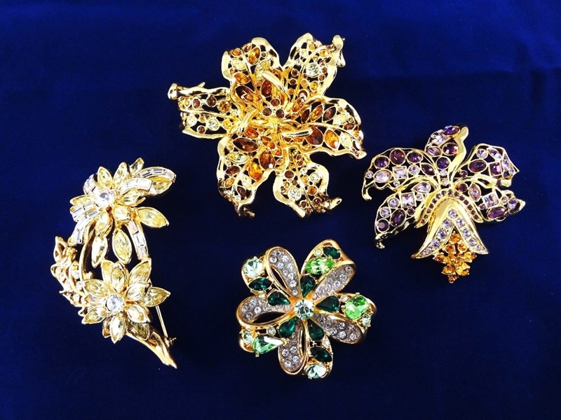 (4) Nolan Miller Oversize Flower Rhinestone Brooches
