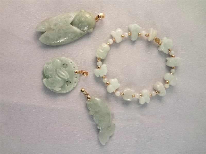 14K Gold and Green Apple Jade Bracelet and 3 Pendants
