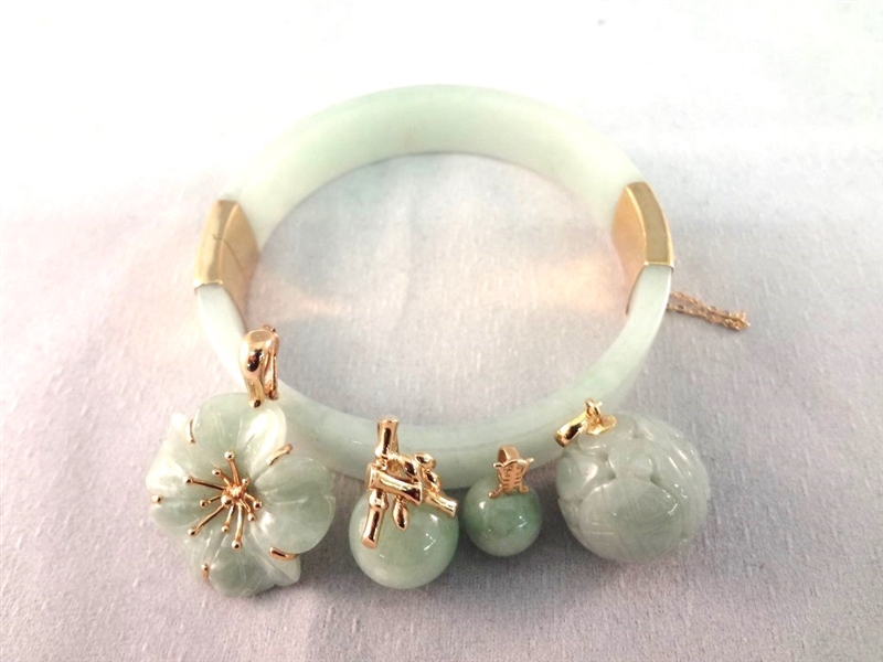 14K Gold and Green Jade Bangle Bracelet and 4 Pendants