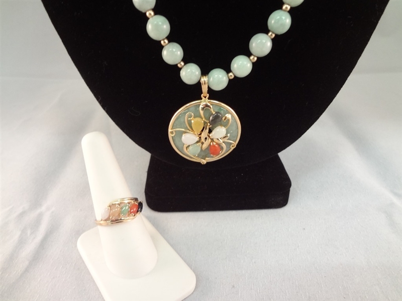 14K Gold and Multi-color Jade Necklace, Pendant and Ring