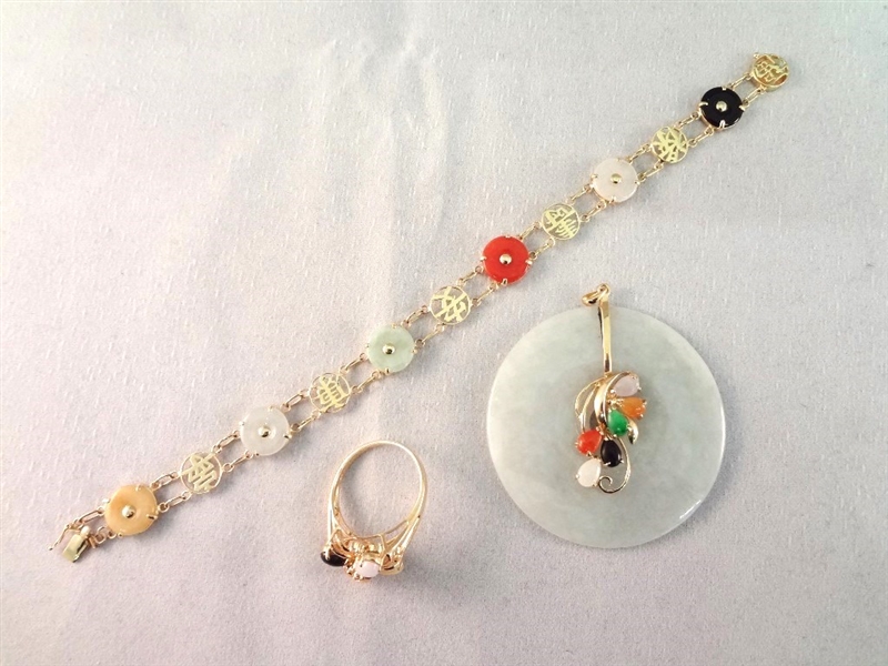 14K Gold Multi Color Jade Bracelet, Pendant and Matching Ring
