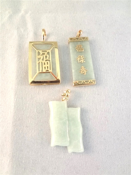 (3) 14K Gold Green Apple Jade Pendants