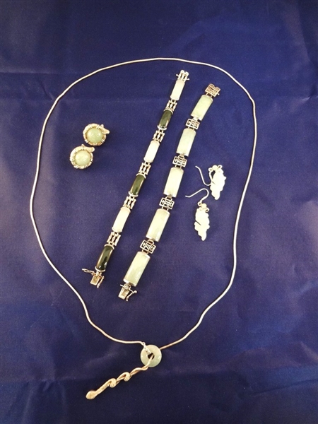 Sterling Silver and Jade Jewelry: Necklace, (2) Pairs Earrings, (2) Bracelets