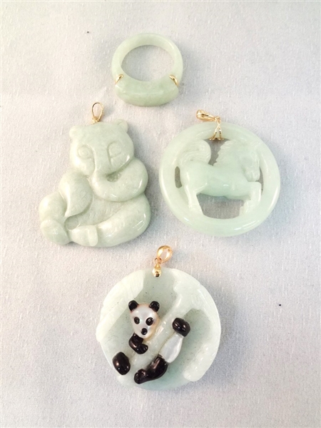 14K Gold and Green Apple Jade (3) Pendants, (1) Ring
