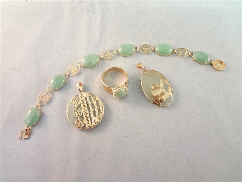 14K Gold and Green Apple Jade Jewelry: (1) Ring, (2) Pendants, (1) Bracelet