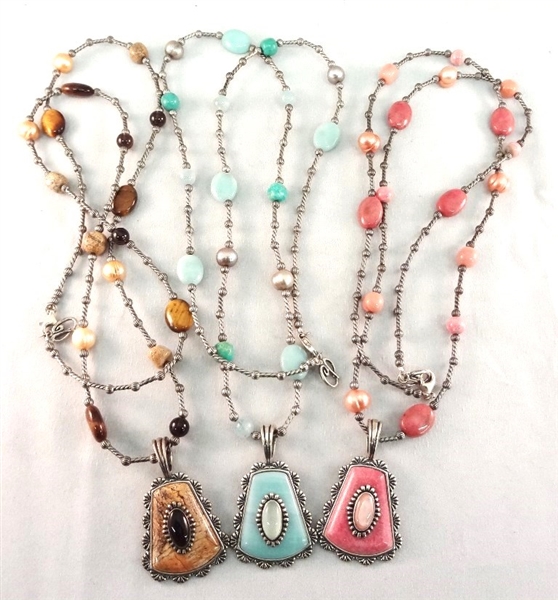 Carolyn Pollack Trio of Matching Sterling Silver and Stone Necklace and Pendants
