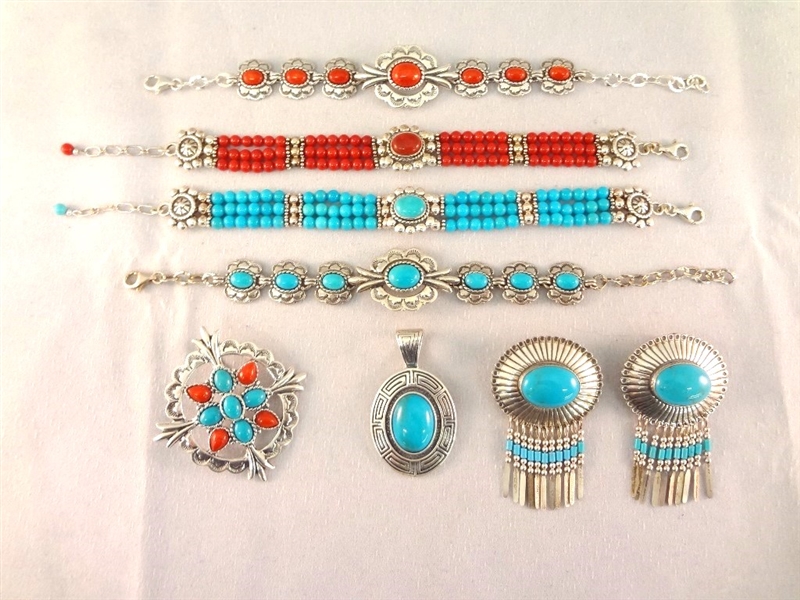 Southwest Sterling Silver Turquoise Jewelry Lot: (4) Bracelets, (4) Pendants