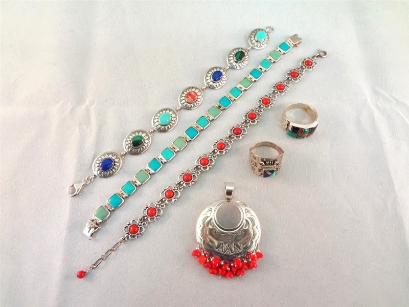Sterling Silver Red Coral and Turquoise Jewelry Group: (3) Bracelets, (2) Rings, (1) Pendant