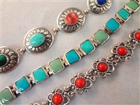 Sterling Silver Red Coral and Turquoise Jewelry Group: (3) Bracelets, (2) Rings, (1) Pendant