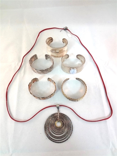 CII Mexican Sterling Silver (5) Cuff Bracelets and Pendant