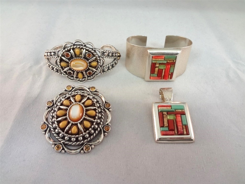 Carolyn Pollack Sterling Silver (2) Matching Cuff Bracelet and Pendants