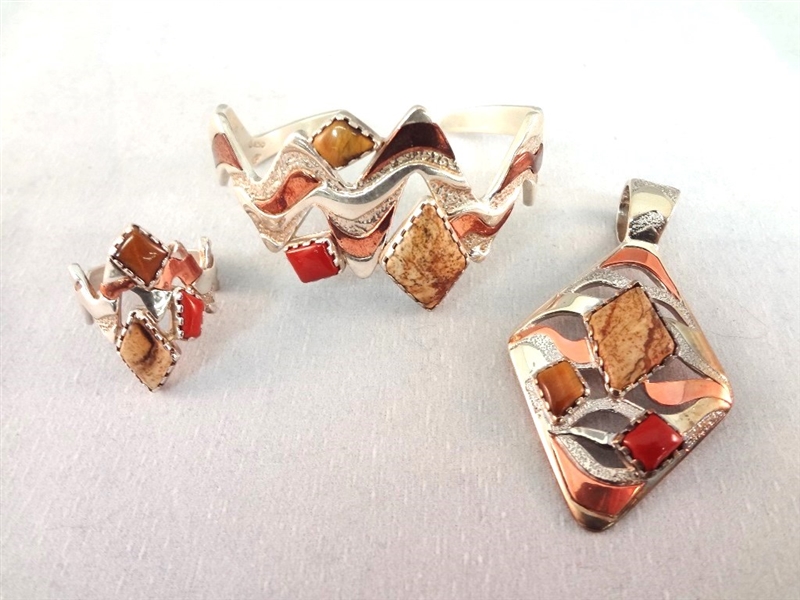 Carolyn Pollack Sterling Silver Utah 4 Corners Cuff Bracelet, Ring, and Pendant Matching Set 