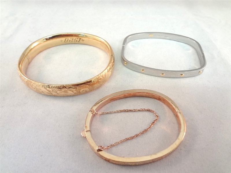 (3) Bangle Bracelets: Gold Filled, Sterling and 18K, 1920