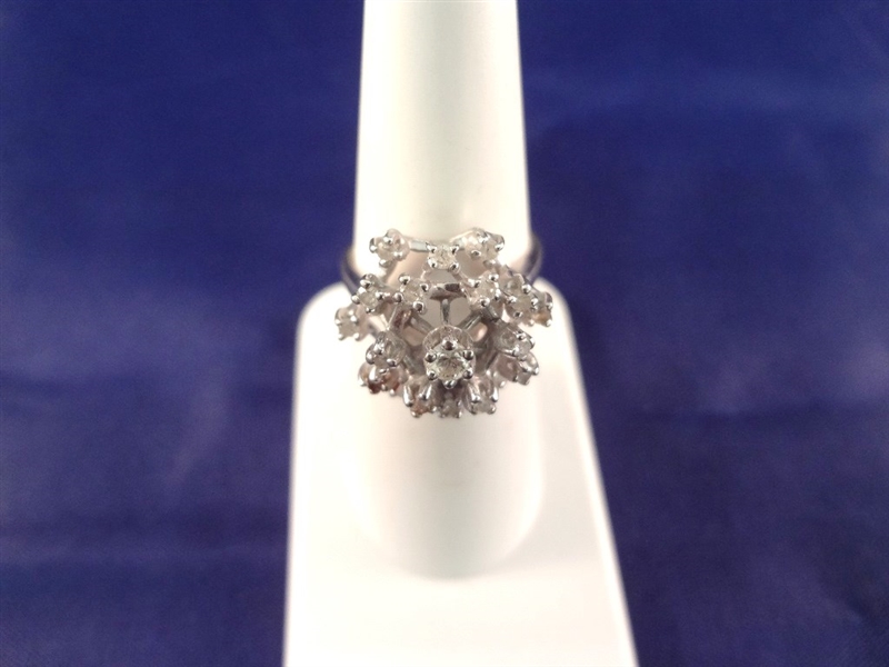 14K White Gold Diamond Ring Cluster Setting Size 6.5