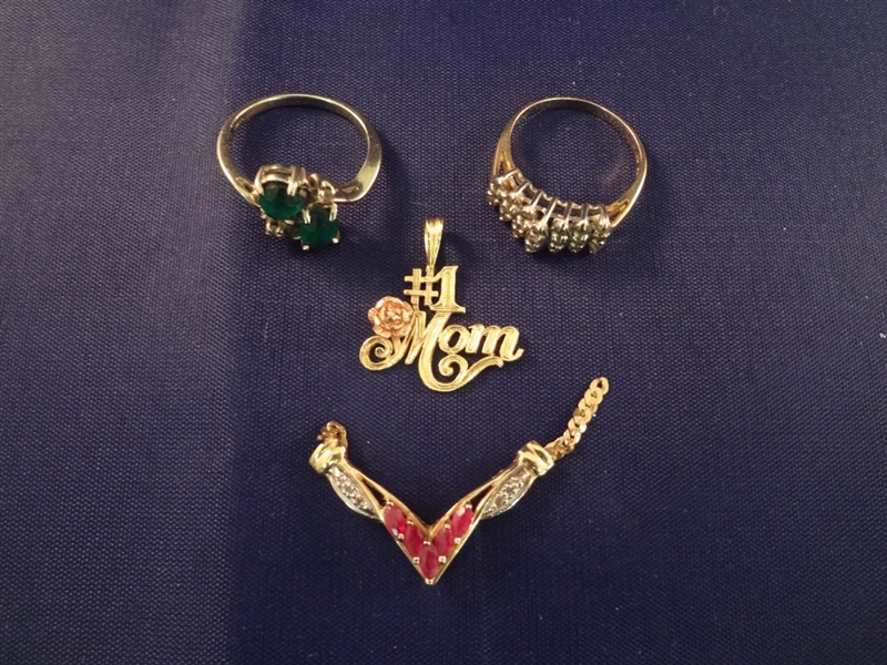 10K and 14K Gold Jewelry: (2) Rings, Pendant, Drop Pendant