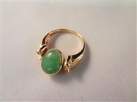 (2) 14K Gold and Green Apple Jade Rings: Bamboo Cut, and Spinning Stone