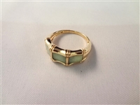 (2) 14K Gold and Green Apple Jade Rings: Bamboo Cut, and Spinning Stone