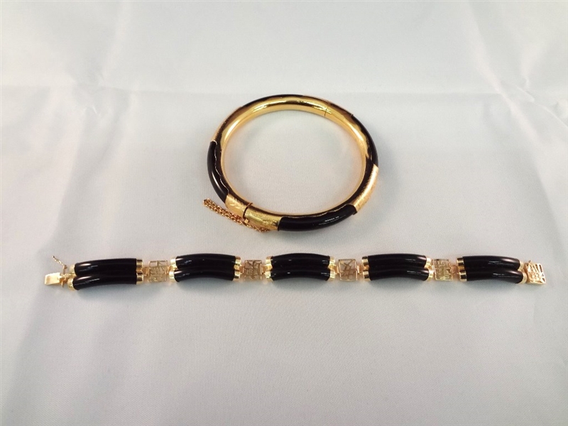 14K Gold and Black Jade Wrapped Bangle Bracelet and Tennis Bracelet