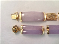 14K Gold and Lavender Jade Jewelry Group: (2) Bracelets, (1) Pendant